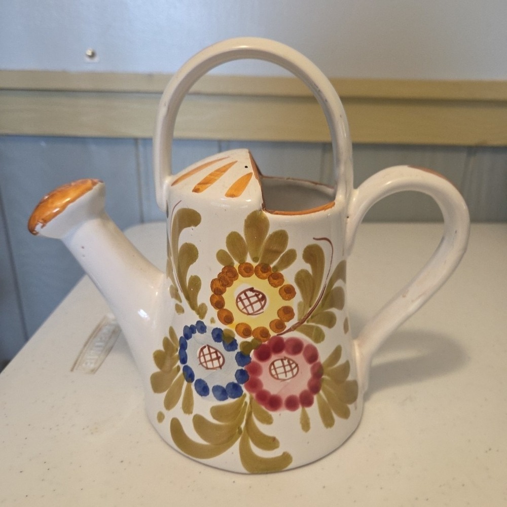 Italy Pottery Watering Can Flower Vase Hand Painted Multi Color Flower Garden